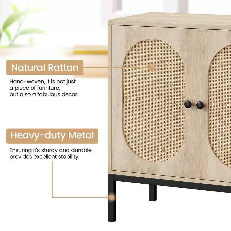 Meuble buffet en rotin Whizmax, buffet de rangement naturel avec étagères réglables, petite table d'appoint pour salle à manger, cuisine, salon, couloir