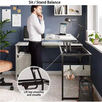 Bestier Bureau debout polyvalent en forme de L de 60 pouces, réglable en hauteur (30-39H) de la position assise à debout pour le bureau à domicile avec armoire de rangement et crochets