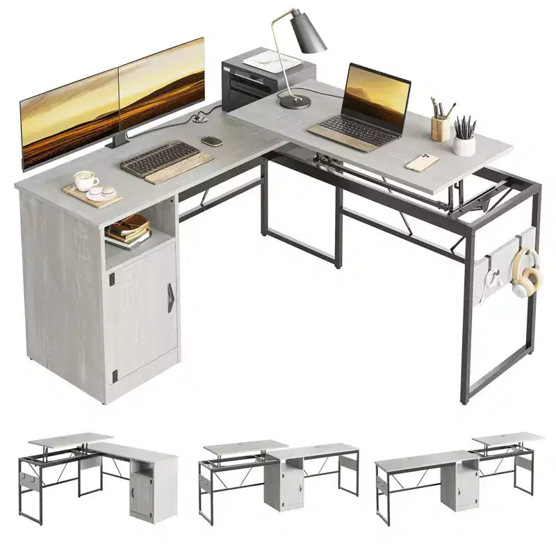 Bestier Bureau debout polyvalent en forme de L de 60 pouces, réglable en hauteur (30-39H) de la position assise à debout pour le bureau à domicile avec armoire de rangement et crochets
