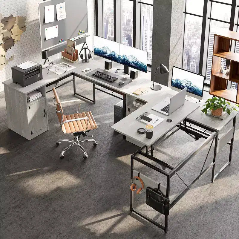 Bestier Bureau debout polyvalent en forme de L de 60 pouces, réglable en hauteur (30-39H) de la position assise à debout pour le bureau à domicile avec armoire de rangement et crochets