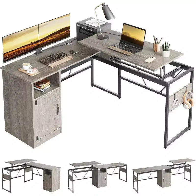 Bestier Bureau debout polyvalent en forme de L de 60 pouces, réglable en hauteur (30-39H) de la position assise à debout pour le bureau à domicile avec armoire de rangement et crochets