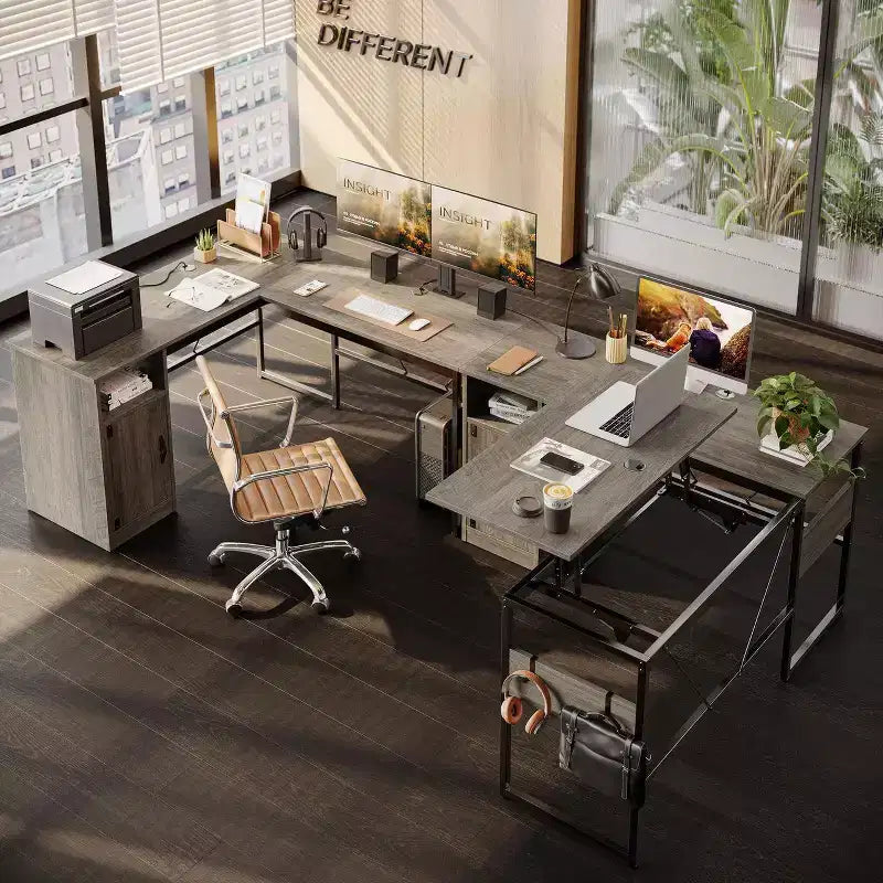 Bestier Bureau debout polyvalent en forme de L de 60 pouces, réglable en hauteur (30-39H) de la position assise à debout pour le bureau à domicile avec armoire de rangement et crochets