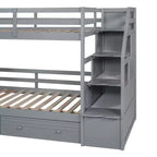 Lit superposé Whisen double sur double avec escalier de rangement, toboggan et tiroirs, bureau avec tiroirs et étagères