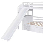 Lit superposé Whisen double sur double avec escalier de rangement, toboggan et tiroirs, bureau avec tiroirs et étagères