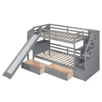 Lit superposé Whisen double sur double avec escalier de rangement, toboggan et tiroirs, bureau avec tiroirs et étagères