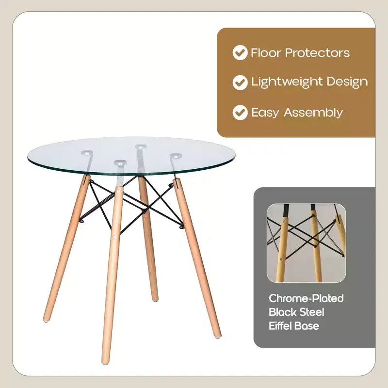 Table de bistrot ronde LeisureMod Dover de 31 po - Table à manger moderne du milieu du siècle avec plateau en verre trempé ou en bois MDF et piètement Eiffel en bois naturel