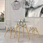 Table de bistrot ronde LeisureMod Dover de 31 po - Table à manger moderne du milieu du siècle avec plateau en verre trempé ou en bois MDF et piètement Eiffel en bois naturel