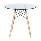 Table de bistrot ronde LeisureMod Dover de 31 po - Table à manger moderne du milieu du siècle avec plateau en verre trempé ou en bois MDF et piètement Eiffel en bois naturel