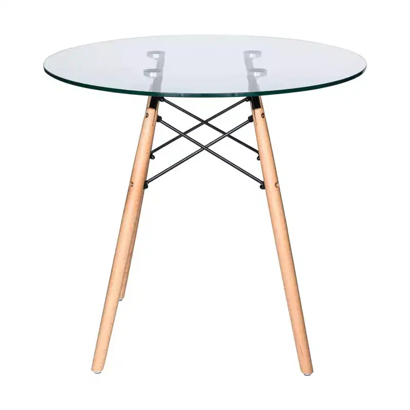Table de bistrot ronde LeisureMod Dover de 31 po - Table à manger moderne du milieu du siècle avec plateau en verre trempé ou en bois MDF et piètement Eiffel en bois naturel
