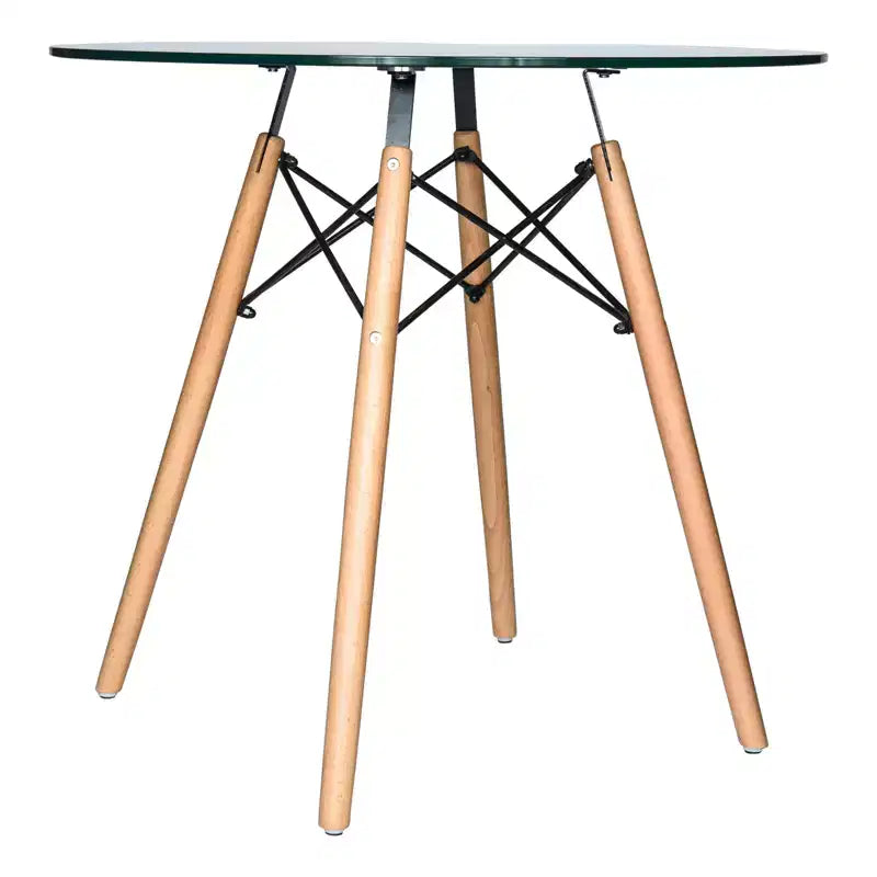 Table de bistrot ronde LeisureMod Dover de 31 po - Table à manger moderne du milieu du siècle avec plateau en verre trempé ou en bois MDF et piètement Eiffel en bois naturel