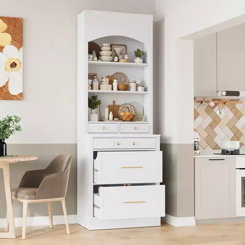 Garde-manger de cuisine de 83,7 H, Armoire de cuisine autonome avec plateau en faux marbre, Armoire avec 5 tiroirs et étagère réglable - ModernLuxe