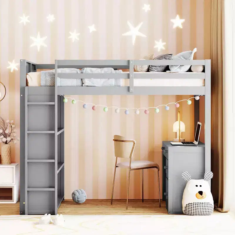 Lit mezzanine double/grand format avec échelle, étagères et bureau avec tiroirs - ModernLuxe