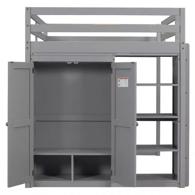 Lit mezzanine Whisen 79,5''L 57,0''l en bois, taille double, avec armoire intégrée, étagères de rangement et lumière LED