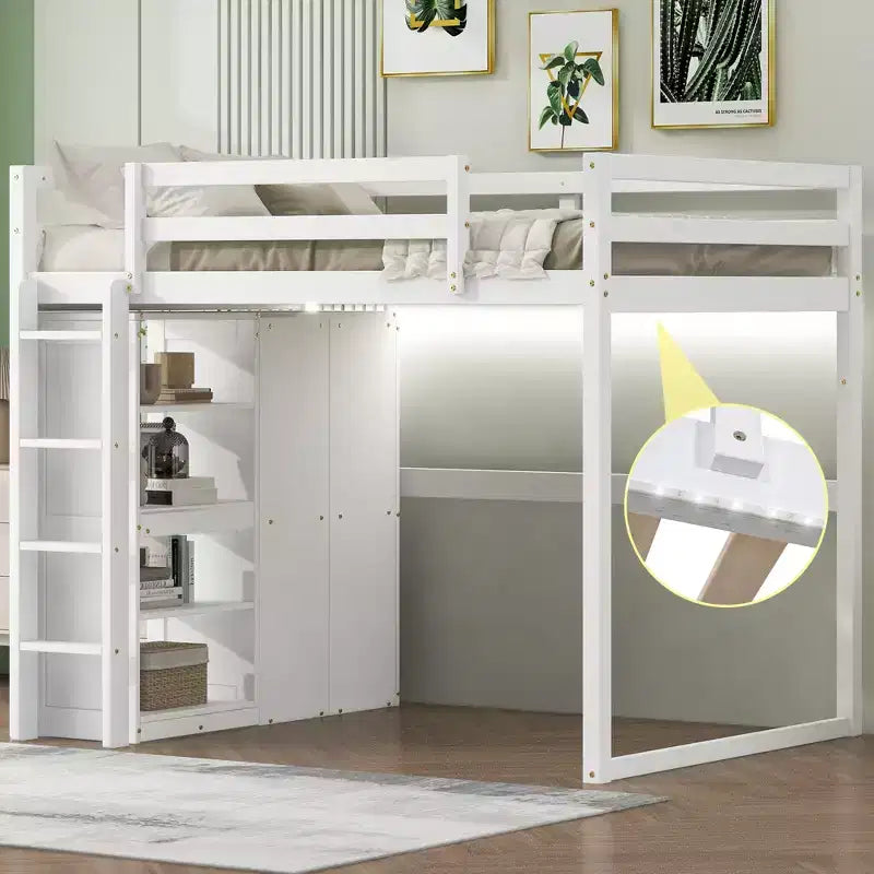Lit mezzanine Whisen 79,5''L 57,0''l en bois, taille double, avec armoire intégrée, étagères de rangement et lumière LED