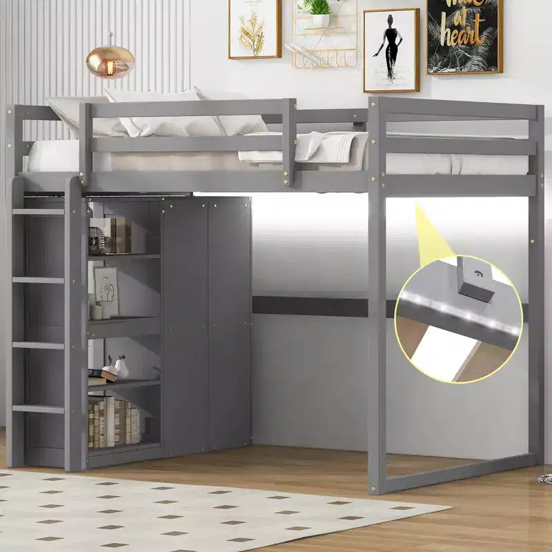 Lit mezzanine Whisen 79,5''L 57,0''l en bois, taille double, avec armoire intégrée, étagères de rangement et lumière LED