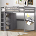 Lit mezzanine Whisen 79,5''L 57,0''l en bois, taille double, avec armoire intégrée, étagères de rangement et lumière LED