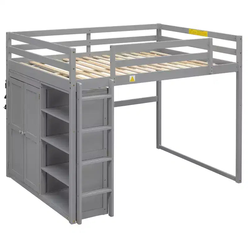 Lit mezzanine Whisen 79,5''L 57,0''l en bois, taille double, avec armoire intégrée, étagères de rangement et lumière LED
