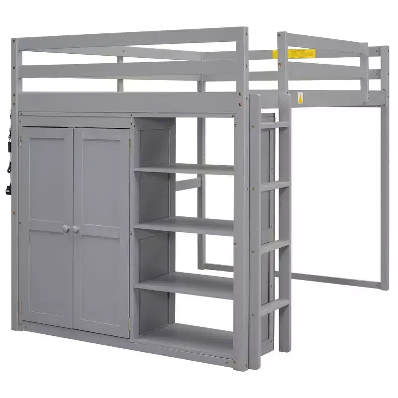 Lit mezzanine Whisen 79,5''L 57,0''l en bois, taille double, avec armoire intégrée, étagères de rangement et lumière LED
