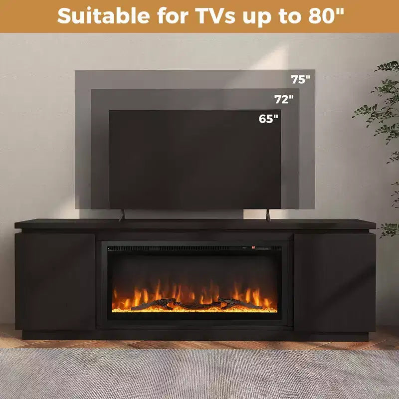 Meuble TV cheminée Costway pour téléviseurs jusqu'à 80 pouces avec cheminée électrique 3 étagères réglables Noir/Blanc
