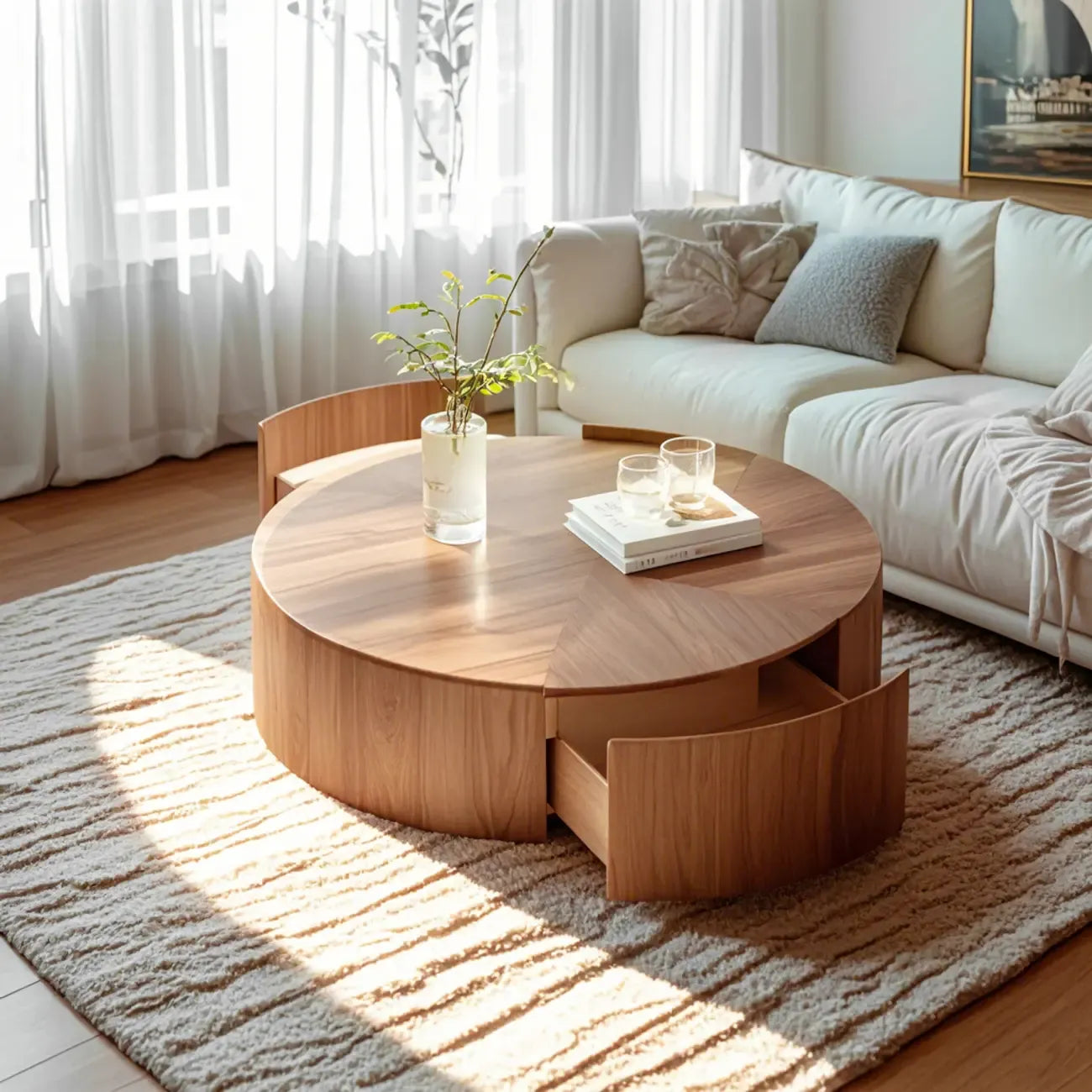 Table Basse Gigogne Ronde en Bois de Récupération avec 2 Tiroirs