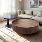 Table Basse Gigogne Ronde en Bois de Récupération avec 2 Tiroirs
