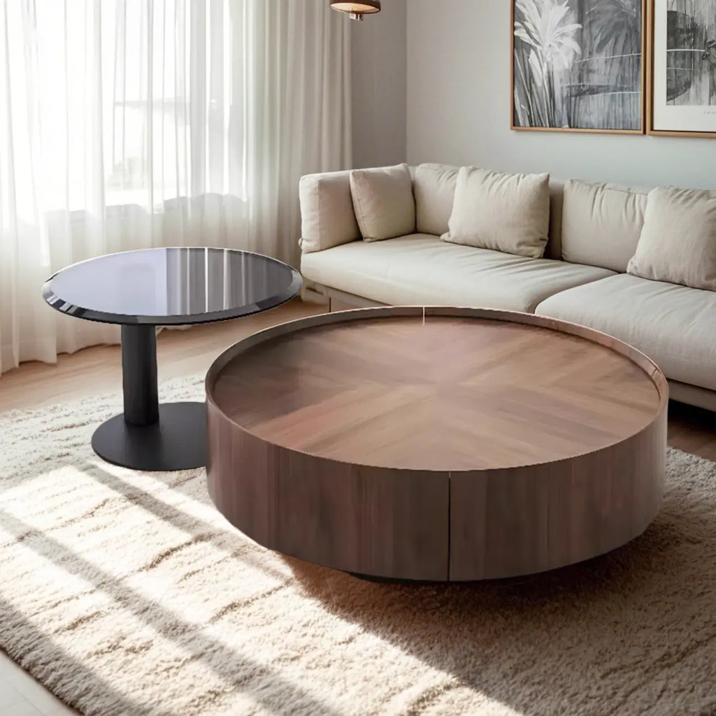 Table Basse Gigogne Ronde en Bois de Récupération avec 2 Tiroirs