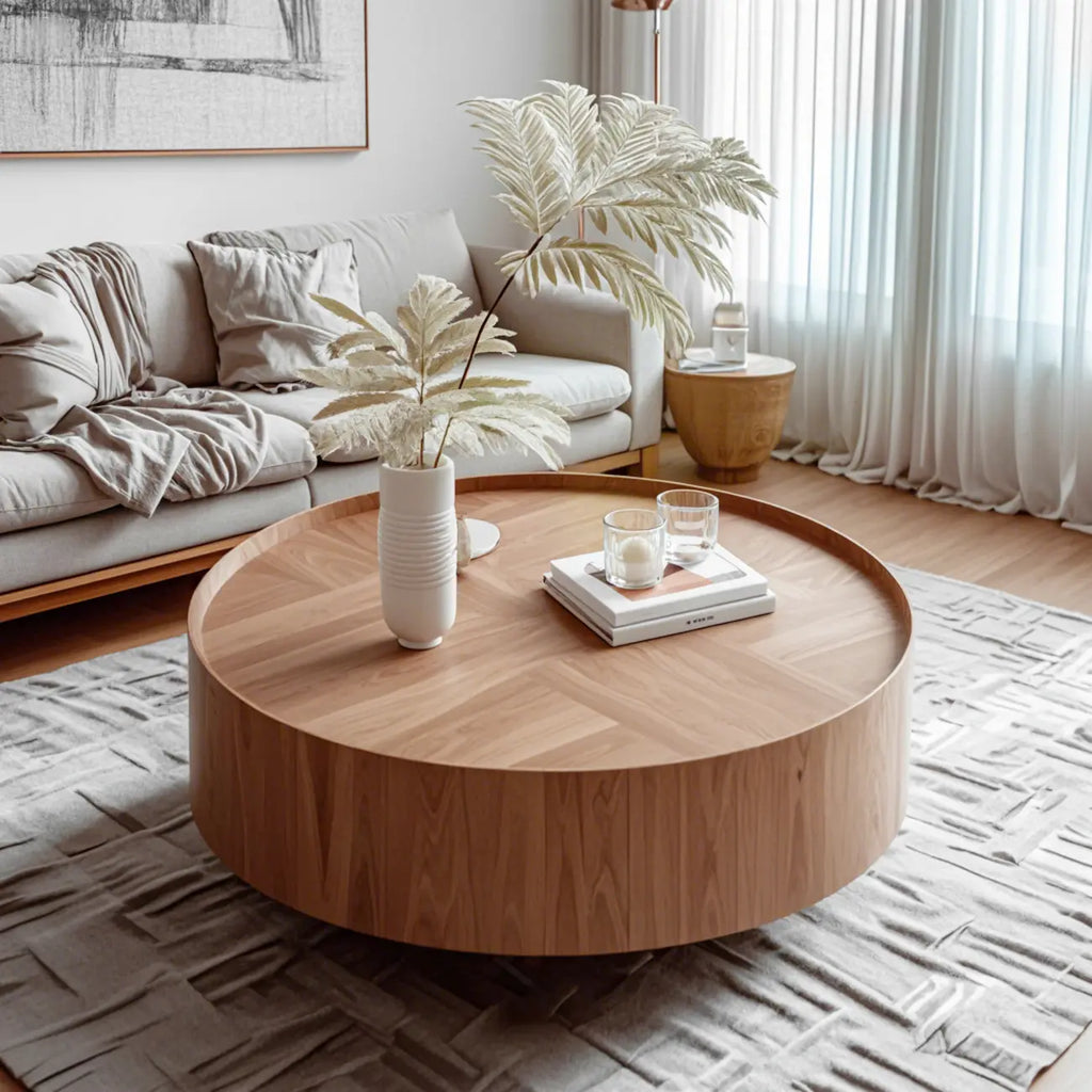 Table Basse Gigogne Ronde en Bois de Récupération avec 2 Tiroirs