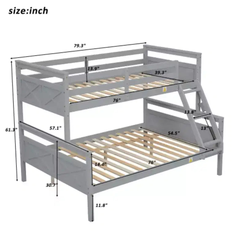 Lit superposé double sur plein avec échelle, garde-corps de sécurité, parfait pour la chambre, gris
