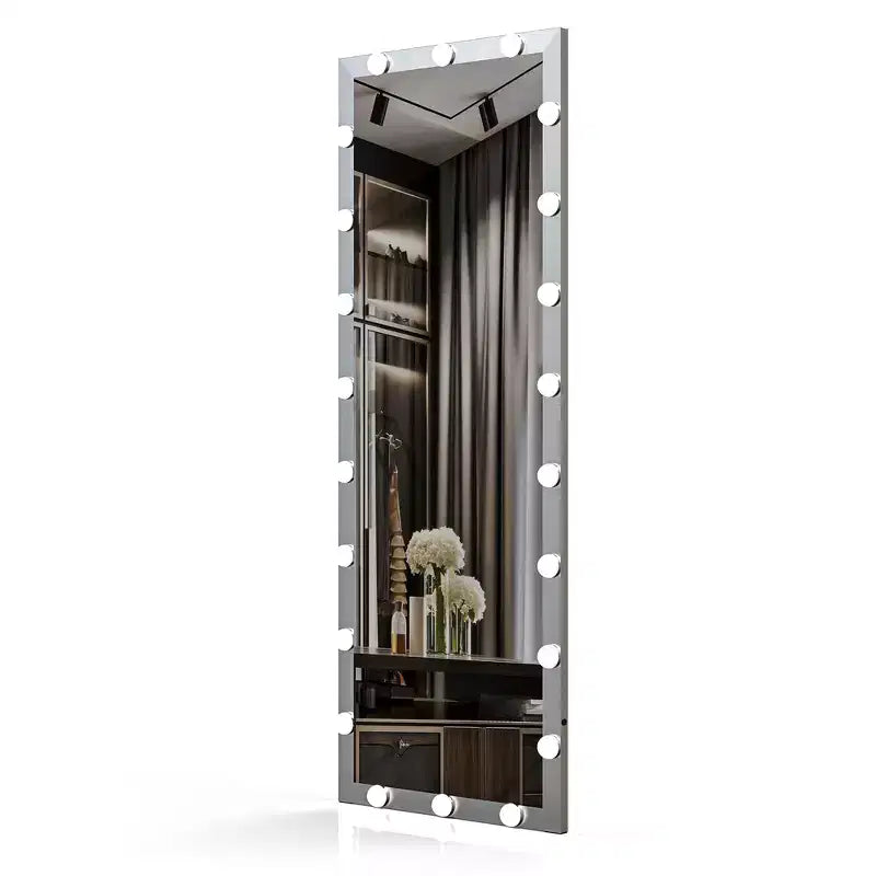 Miroir pleine longueur Hollywood 63x24 argenté avec lumières : 4 modes de couleur, commande tactile, mural ou sur pied