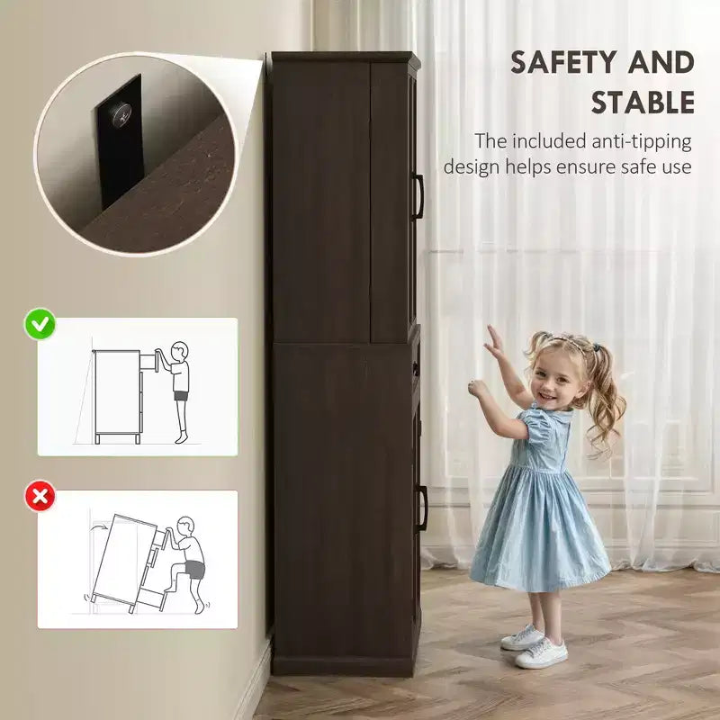 HOMCOM Meuble de Rangement de Cuisine 71 LED, Armoire de Rangement de Style Ferme avec Étagères de Porte, Étagères Réglables et Tiroir, Brun Vieilli