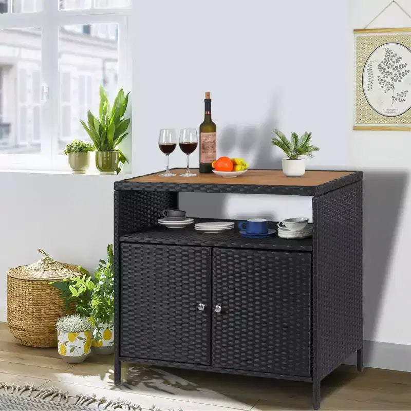 Armoire de rangement en rotin, Armoire d'extérieur pour patio, Desserte de bar d'extérieur avec 2 portes et étagères réglables