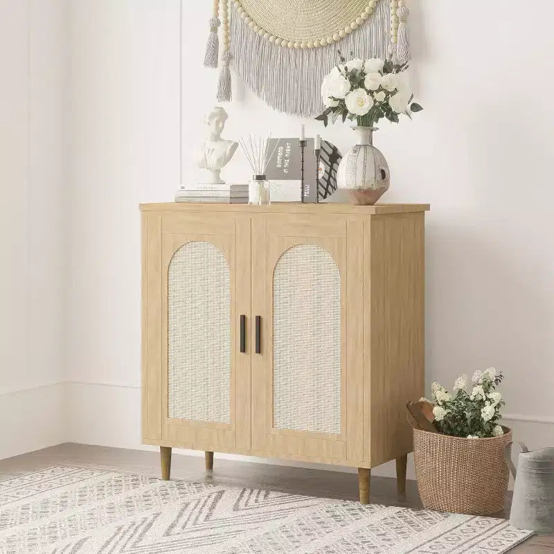 Bahut de rangement de cuisine avec rotin, pieds en bois massif pour salon, couloir