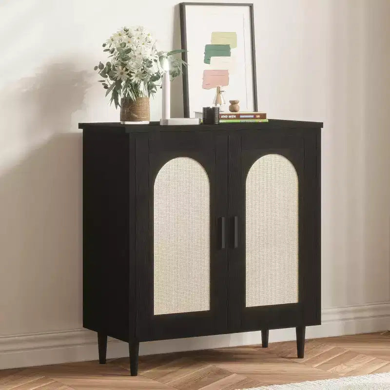 Bahut de rangement de cuisine avec rotin, pieds en bois massif pour salon, couloir