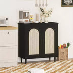 Sideboard Buffet Kitchen Storage Cabinet with Rattan, Solid Wood Feet for Living Room, Hallway