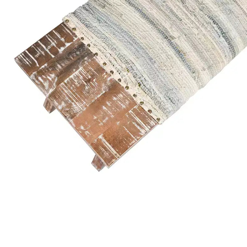 HomeRoots Banc rayé rembourré en coton blanc et marron 50