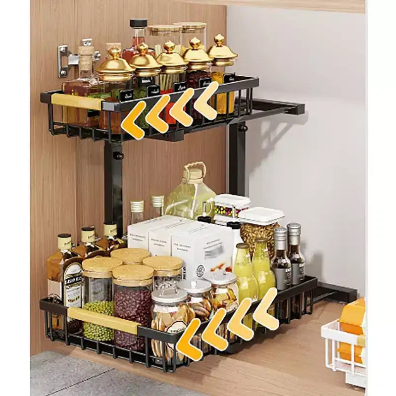 Rangements sous évier à 2 niveaux, étagère coulissante à tirer, tiroir métallique pour l'organisation de la cuisine, de la salle de bain, du garde-manger, résistant à la rouille.