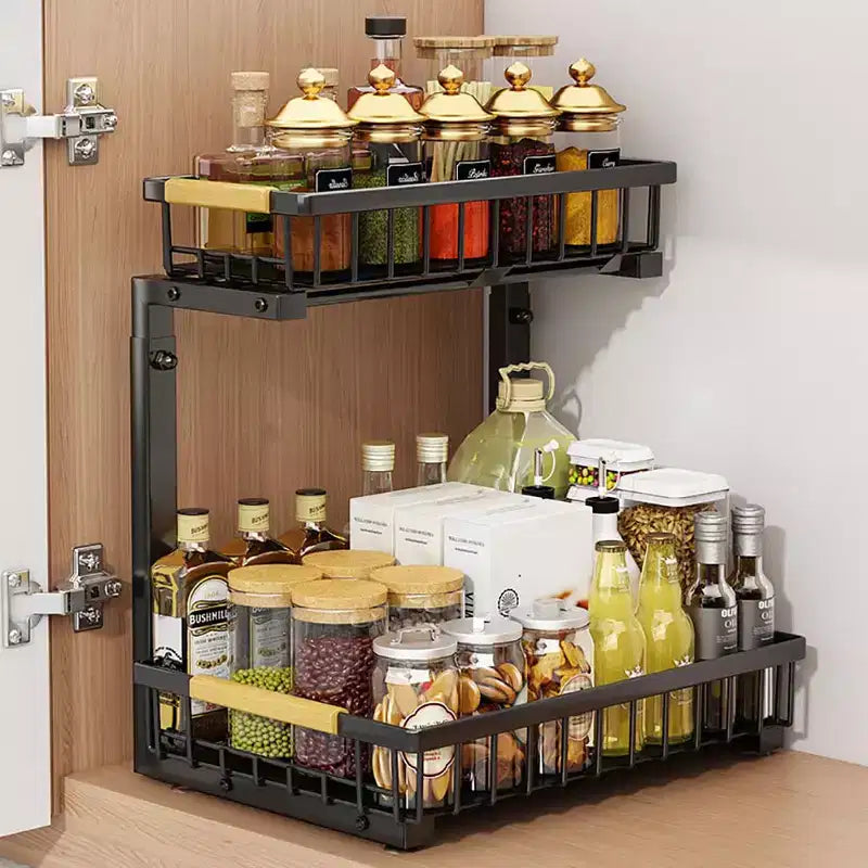 Rangements sous évier à 2 niveaux, étagère coulissante à tirer, tiroir métallique pour l'organisation de la cuisine, de la salle de bain, du garde-manger, résistant à la rouille.