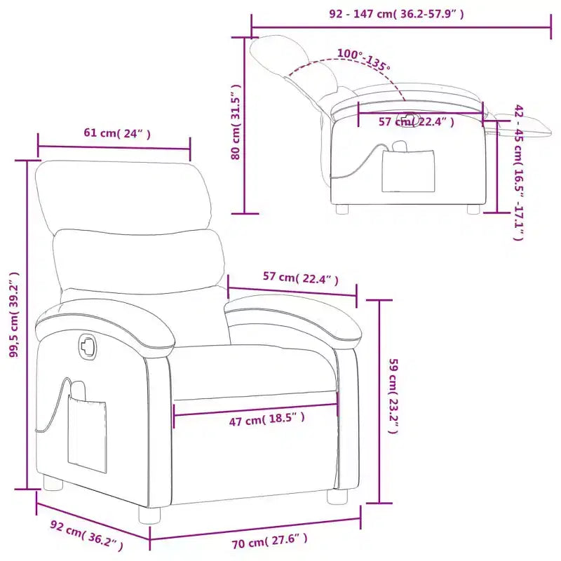 Fauteuil inclinable de massage vidaXL – Réglage manuel, tissu gris clair, massage par vibrations, alimenté par USB, pochette latérale, accoudoirs rembourrés