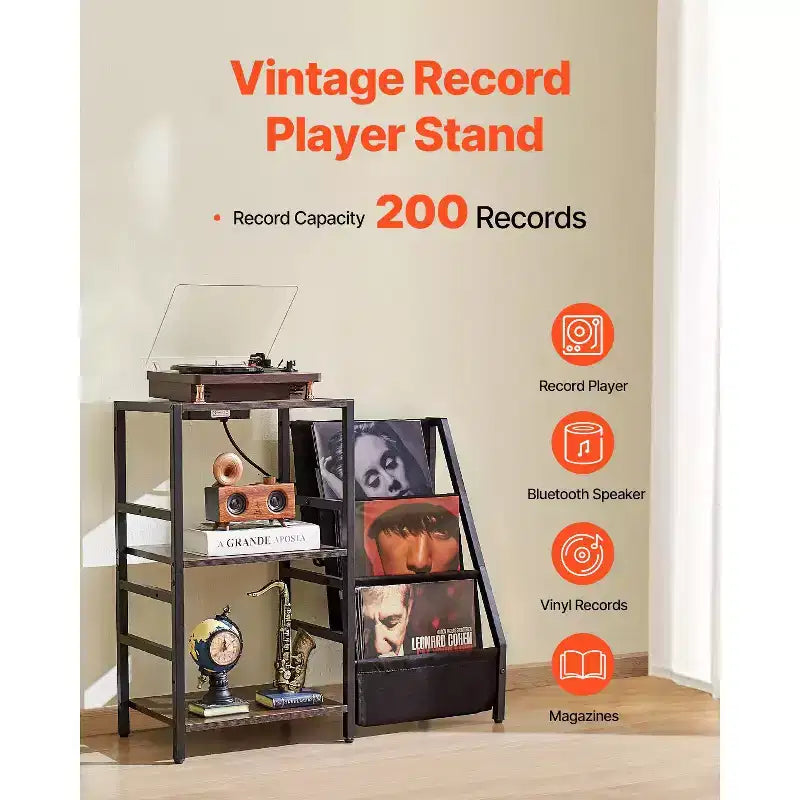 Meuble pour platine vinyle VEVOR avec station de charge et ports USB, peut contenir jusqu'à 200 albums, support de tourne-disque à 3 niveaux avec rangement pour disques vinyles, noir
