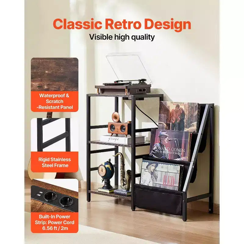 Meuble pour platine vinyle VEVOR avec station de charge et ports USB, peut contenir jusqu'à 200 albums, support de tourne-disque à 3 niveaux avec rangement pour disques vinyles, noir