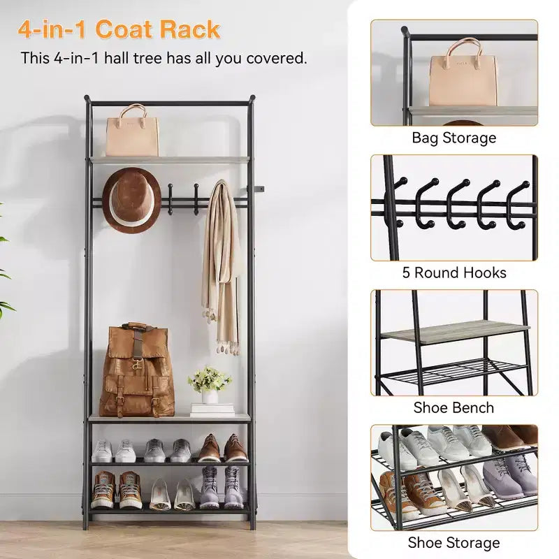 Porte-manteau et banc à chaussures 4 en 1, portemanteau d'entrée à 4 niveaux avec 5 crochets, étagère de rangement multifonction pour couloir, salle de bain, entrée