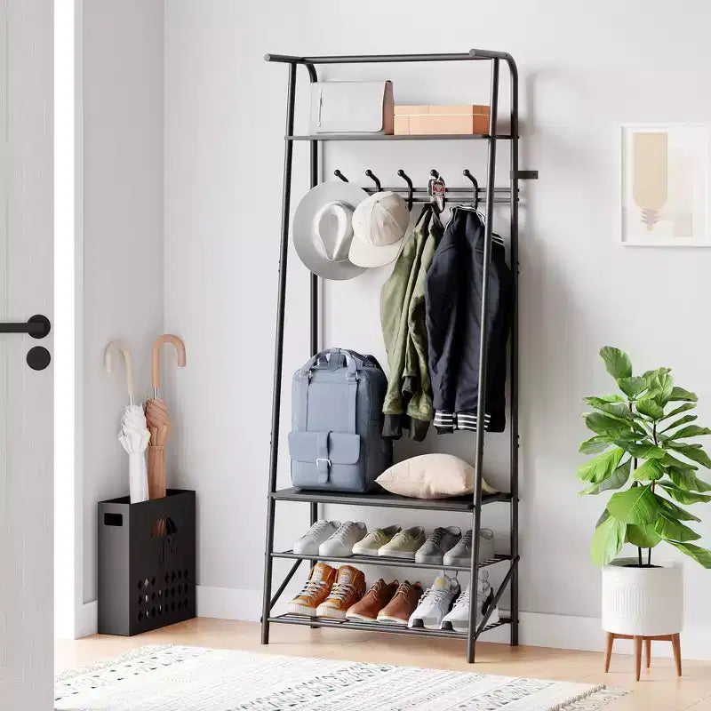 Porte-manteau et banc à chaussures 4 en 1, portemanteau d'entrée à 4 niveaux avec 5 crochets, étagère de rangement multifonction pour couloir, salle de bain, entrée