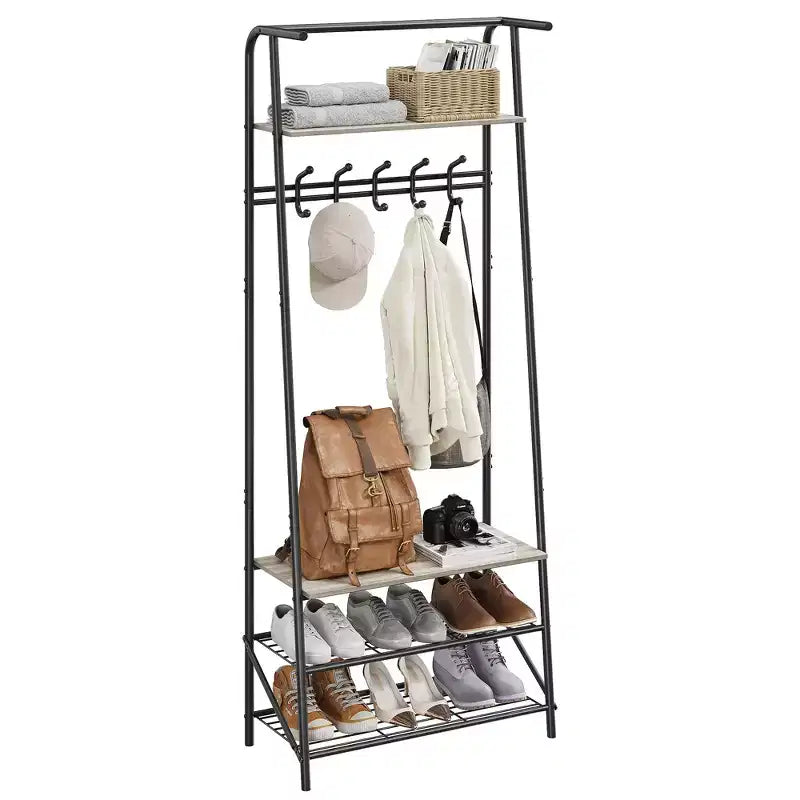Porte-manteau et banc à chaussures 4 en 1, portemanteau d'entrée à 4 niveaux avec 5 crochets, étagère de rangement multifonction pour couloir, salle de bain, entrée