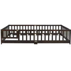 Lit de sol MAYEERTY Queen avec clôture, porte, barrières de lit en bois d'hévéa marron