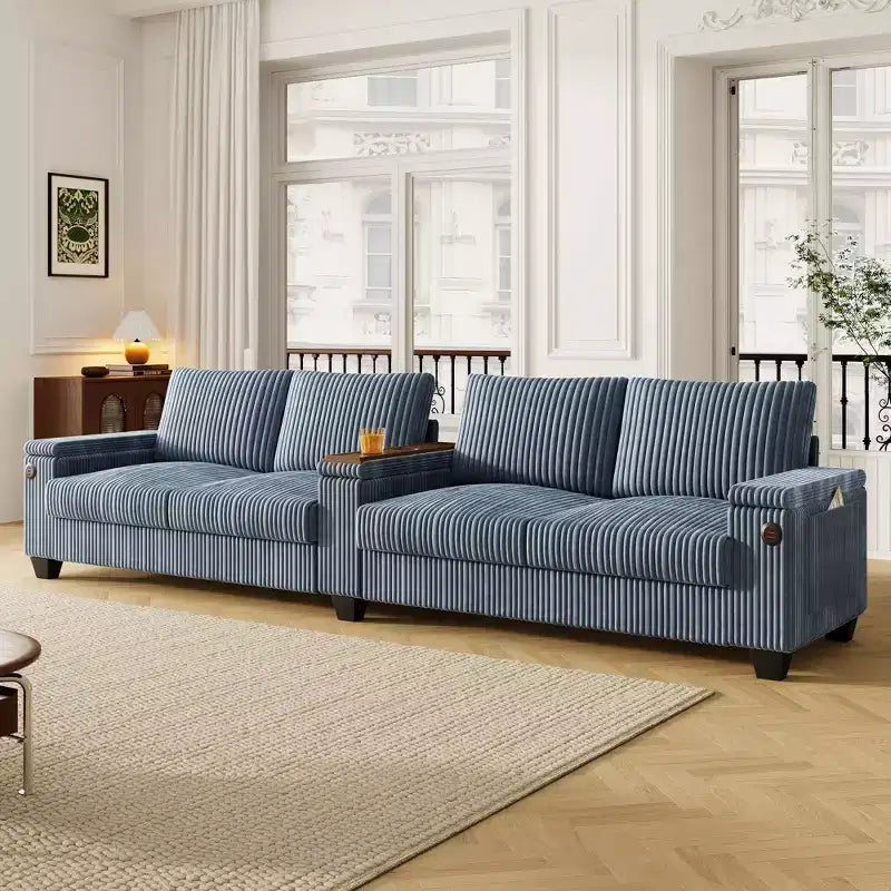 Canapé 4 places en velours côtelé 133 cm, moderne avec ports USB, accoudoirs de rangement dissimulés, porte-gobelets rabattables pour salon, noir