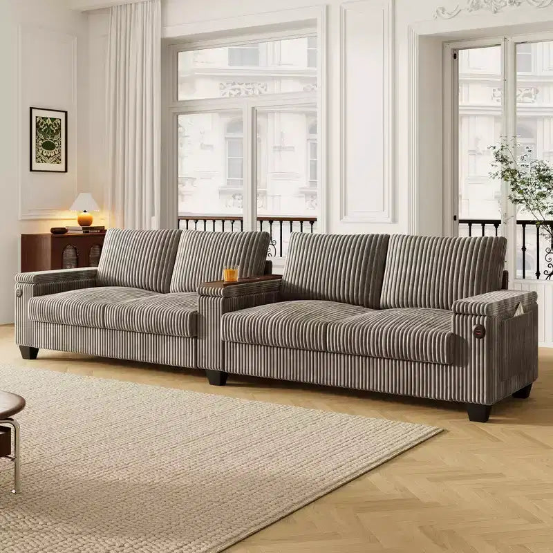 Canapé 4 places en velours côtelé 133 cm, moderne avec ports USB, accoudoirs de rangement dissimulés, porte-gobelets rabattables pour salon, noir