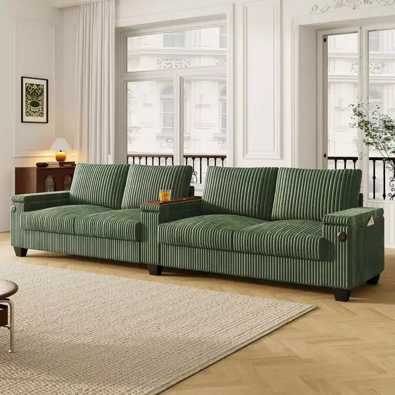 Canapé 4 places en velours côtelé 133 cm, moderne avec ports USB, accoudoirs de rangement dissimulés, porte-gobelets rabattables pour salon, noir