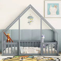 MAYEERTY Twin Wood House-shaped Floor Bed with Fence, Guardrails Gray