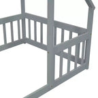 Lit de sol MAYEERTY en bois jumeau en forme de maison avec clôture et barrières de protection Gris