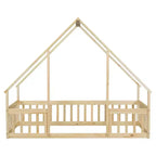Lit de sol MAYEERTY jumeau en bois en forme de maison avec clôture et garde-corps, beige